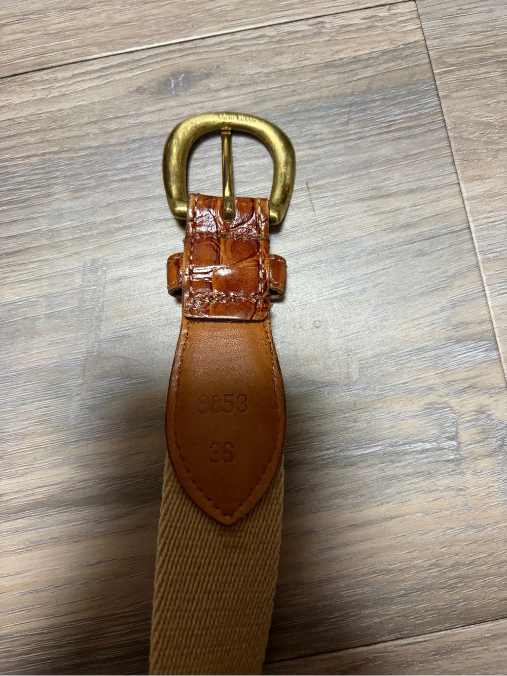 Men’s Woven Canvas Croc Embossed Leather Belt Tan Brown Solid Brass 36
